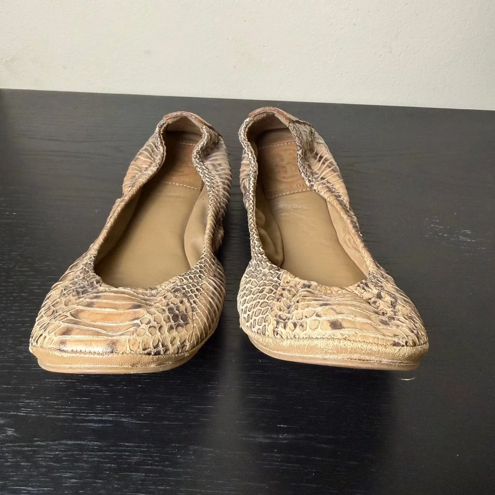 Tory Burch Reva Snakeskin Embossed Leather Ballet Flats Tan Brown Women Size 6.5